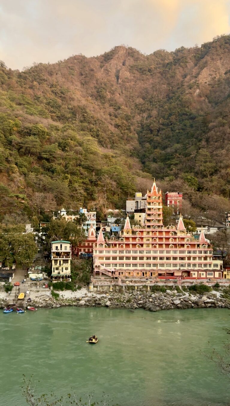 View of Trayambakeshwar Temple across the Ganga River in Rishikesh