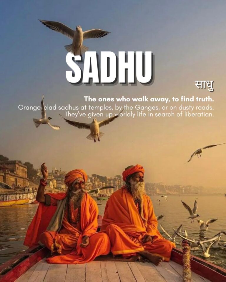 Two orange-clad sadhus sitting on a boat by the Ganges in Varanasi, surrounded by seagulls at sunrise—representing the Hindi word 'Sadhu,' a spiritual renunciant.
